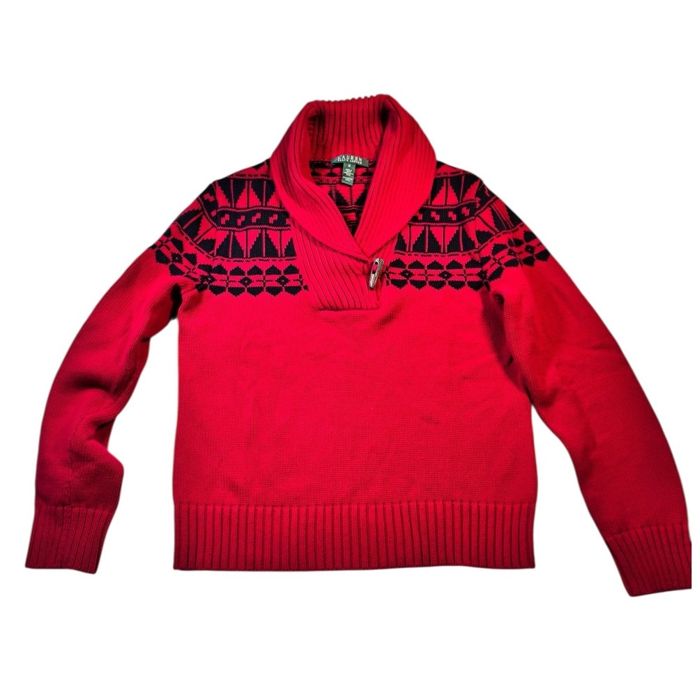 Lauren Ralph Lauren Red Shawl Collar Sweater with Black Fair Isle Detail